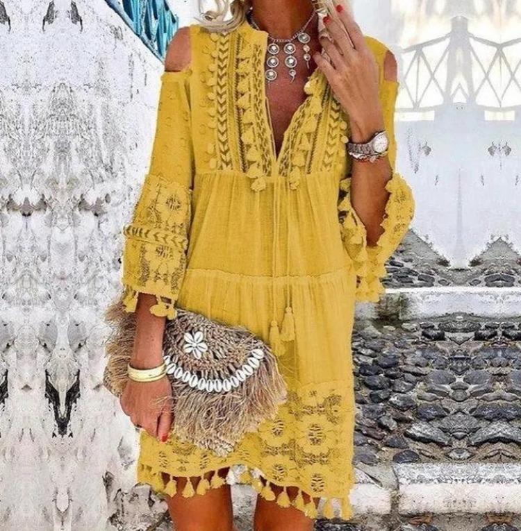 Off Shoulder Bohemian Maxi Dress Embroidered Lace Trim Fringe