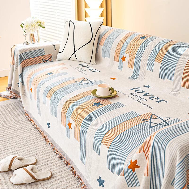 Anti Cat Scratch Sofa Towel with Tassel Nordic Printed Non Slip Blanket for Living Room Multi-Purpose Dust Cover for All Seasons