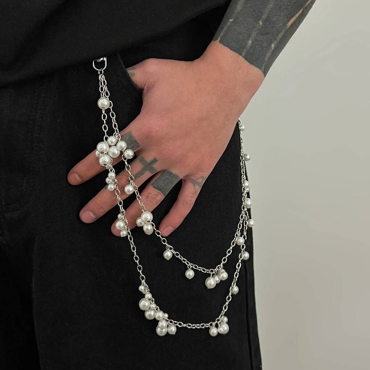 IngeSight.Z Punk HipHop Metal Imitation Pearl Jeans Pants Chain Men Creative Multi-Functional Trousers Chain Daily Party Jewelry