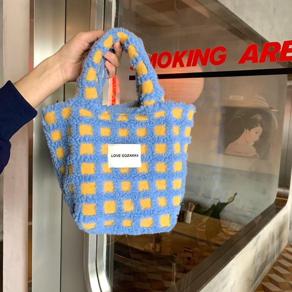 Jesienno-zimowa gofra z włosia jagnięcego Śliczna podręczna torba z grubej bawełny Damska przenośna torebka o dużej pojemności