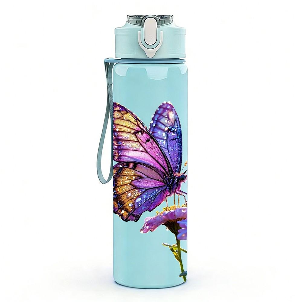 1PC Colorful Butterfly On Purple Flower Print 750ml Color Plastic Sports Water Bottle Leakproof Flip Straw Lid Suitable for Sports Office Home Use