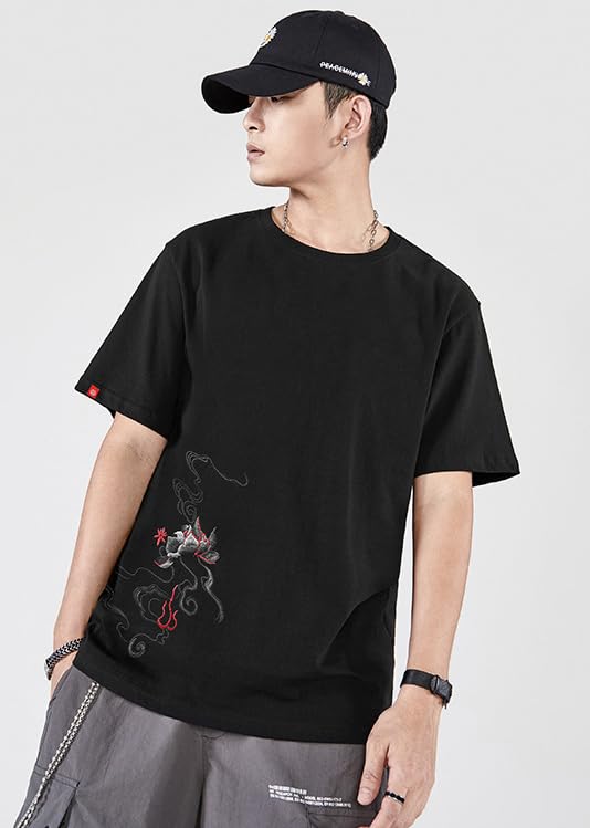 Short Sleeve with Funny Embroidery and Japanese Round Street Cool Summer Sizes FUN501 Men's T-Shirt Pattern, 100% Cotton, Unisex, Casual, Collar,