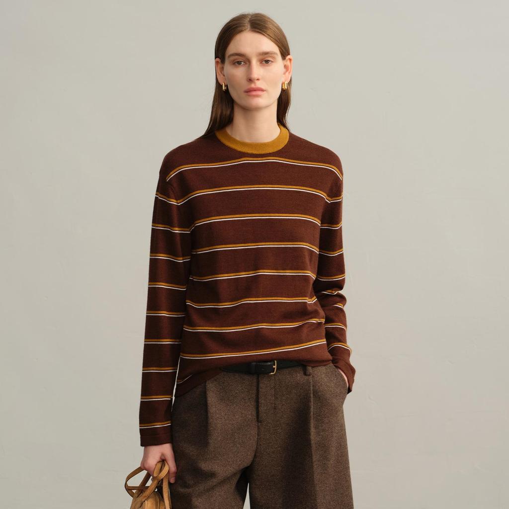 Women's 100% Pure Wool Retro Stripe Long Sleeve Sweater