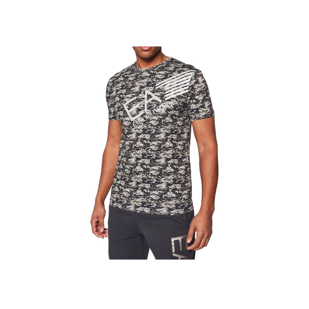 Emporio Armani EA7 Camouflage Print Letter Grafik Rundhals Kurzarm T-Shirt Herren Oberteile Grau-Grün 6HPT35-PJ7CZ-2806