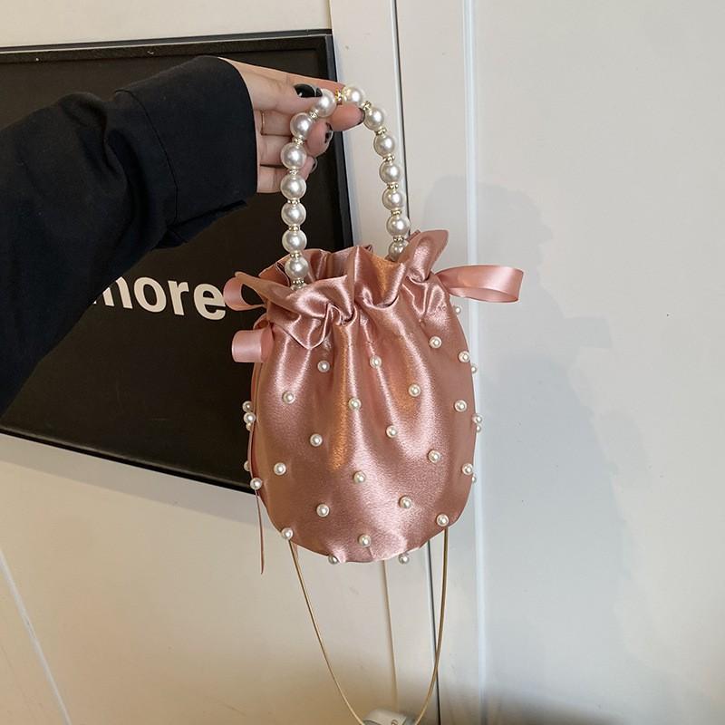 Mini-Eimer-Tasche mit Perlenbesatz Damen Kordelzug Weiches Leder-Look Crossbody Oder Schulter-Stil Street Chic Design