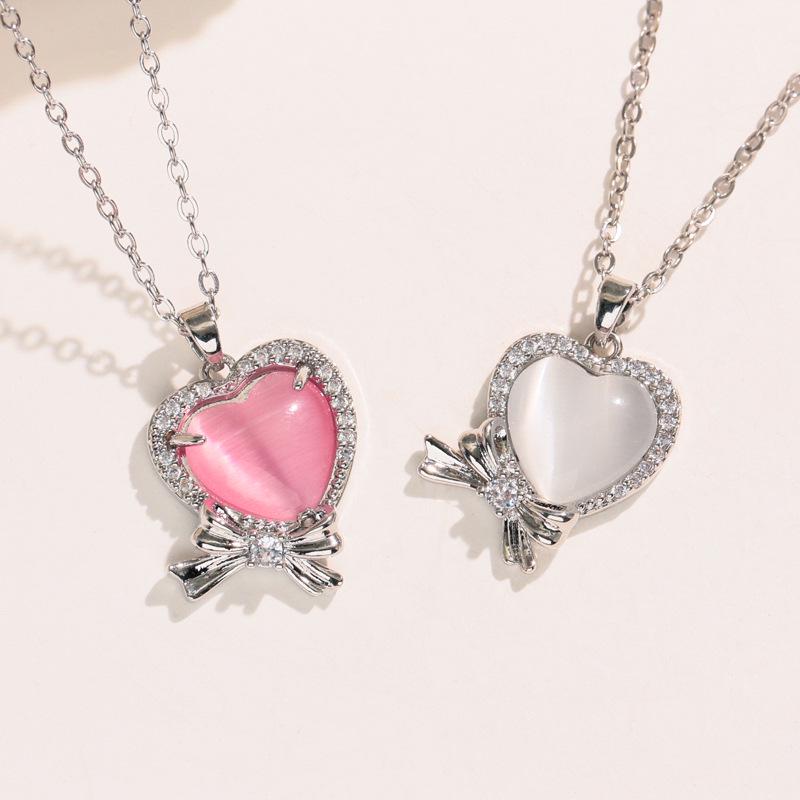 Korean Style Cat's Eye Heart Bow Pendant Necklace for Women
