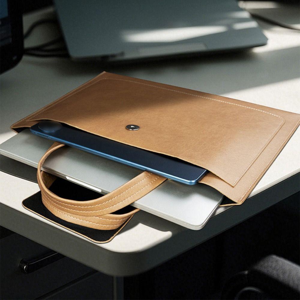 Large Capacity A4 Leather Document Bag Magnetic Button Simple Double Layer File Folder Elegant Lightweight