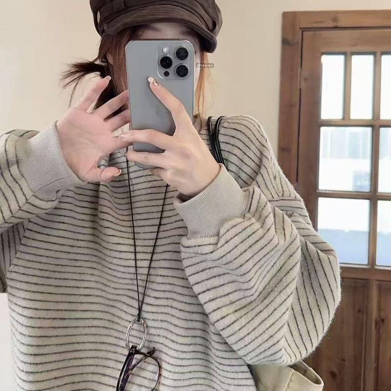 Womens Oversized Striped Cotton Blend Hoodless Sweatshirt Loose Comfortable Round Neck Top