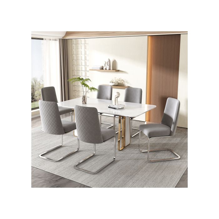 Chaise de salle à manger - MUVOE - Dos en losange - Velours gris - Pieds métal argenté - Ensemble 4