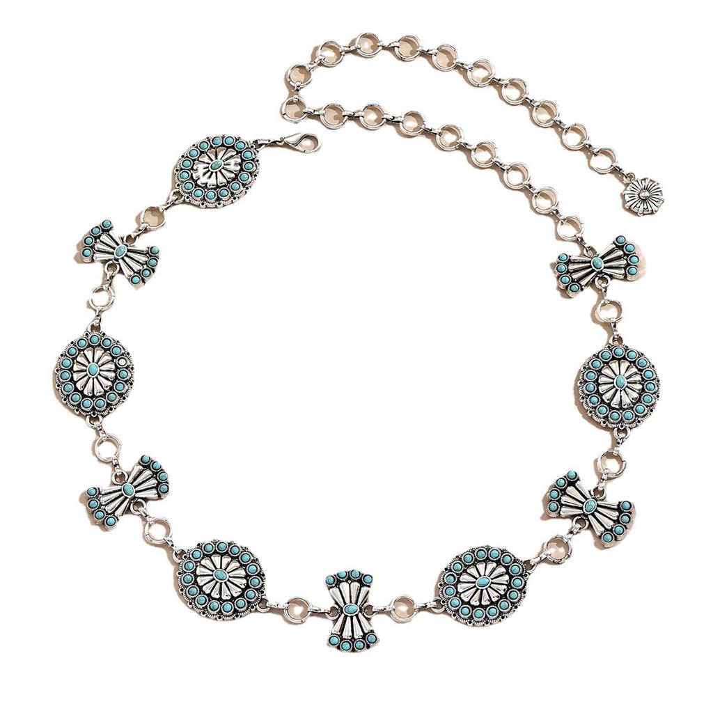 Women's Exquisite Heavy Industry Turquoise Inlaid with Fashionable Palace Style Heavy Metal Waist Chain Elegant Belt