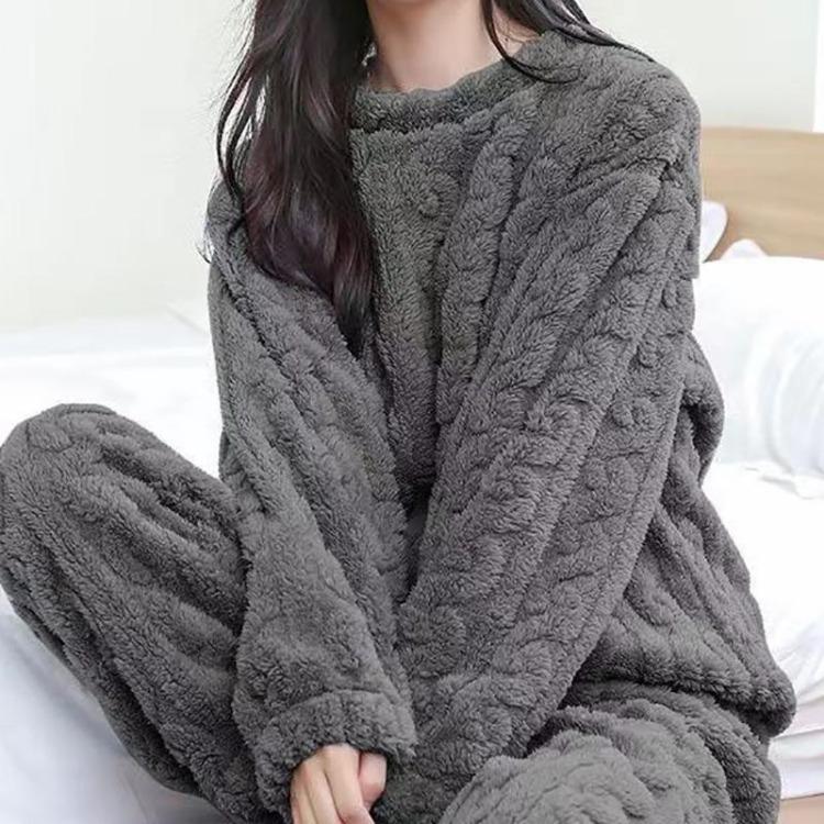 Warm Velvet Ribbed Fleece Pajama Set 2 Piece Women Autumn Pullover And Pants Casual Thicken Lounge Wear