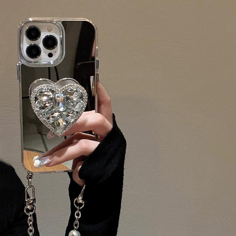 Applicable To Apple 15 Promax Mobile Phone Case New Mirror Iphone14PM Love Stand 13 Mirror Chain 12