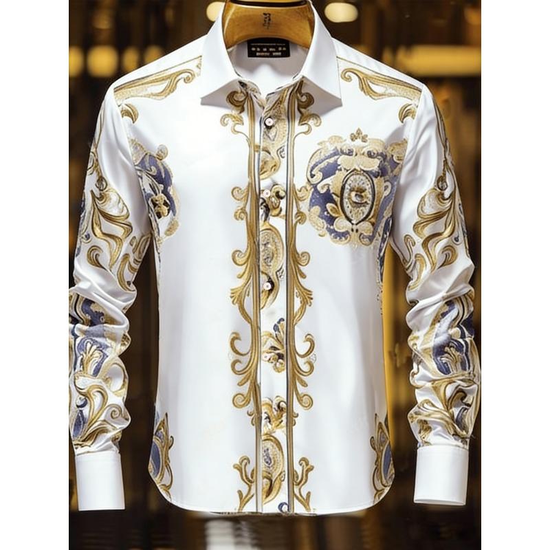 2026 Men's Light Luxury Retro Long Sleeve Shirt Gold 3D Printed Shirt Beach Vacation Outdoor Social Clothing Men