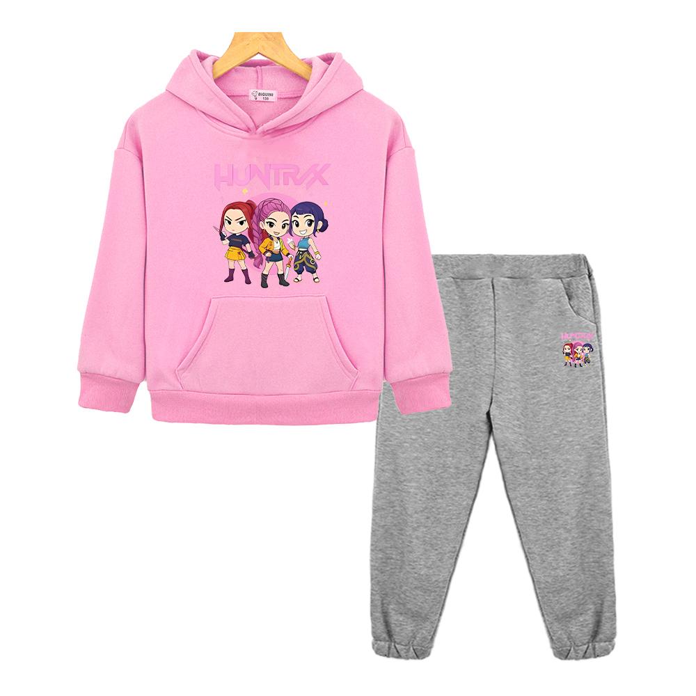 Kpop Demon Hunters Autumn Boy Girl Hooded Sets 2pcs Pullover+pant Anime Hoodie Fleece Sweatshirt Jacket Kids Boutique Clothes