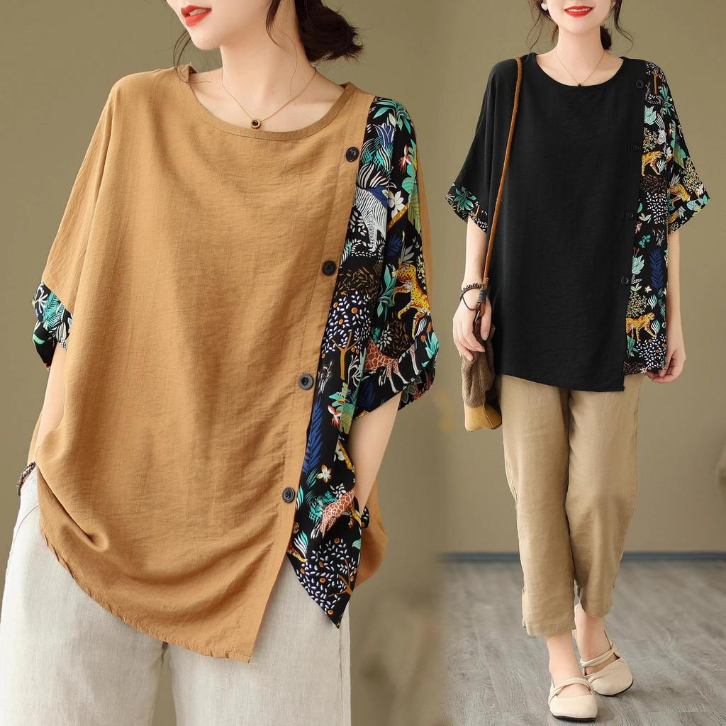 Vintage Print Patchwork Tops Summer Short Sleeve Irregular Loose Plus Size Casual T Shirts Fashion Elegant Women Clothing