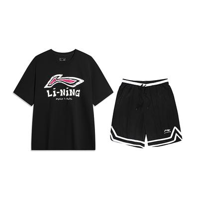 Mode Einfarbig Kurzarm T-Shirt Bequeme Gestreifte Wettkampfshorts Lässiger Sportanzug Unisex Sportbekleidung Schwarz AHSU711-1+YAPV001-1
