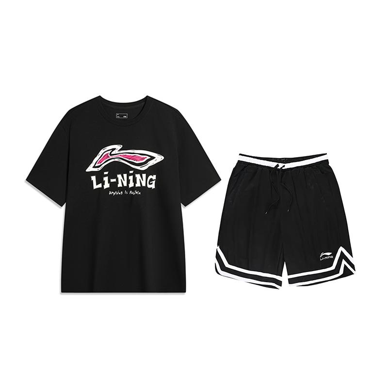 

Li-Ning Fashion Solid Color Short Sleeve T-Shirt Comfortable Striped Competition Shorts Casual Sports Suit Unisex Sportswear Black AHSU711-1+YAPV001-1 M