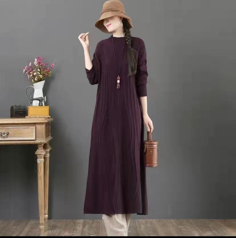 New Autumn and Winter Long Sweater Skirt Women's Loose Belly Cover with Long Sleeves Inside Skirt Knitted Dress