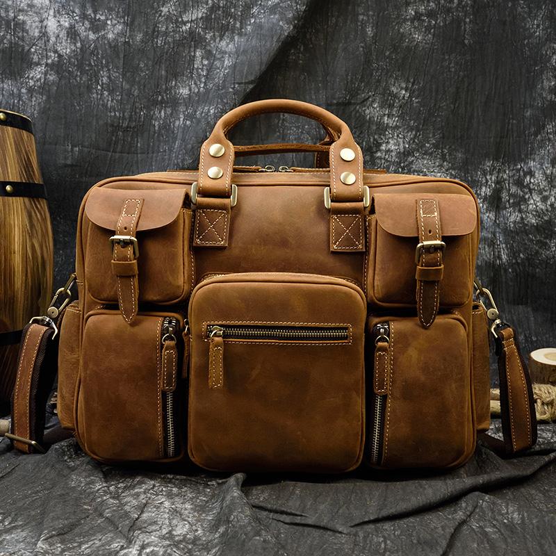 Vintage Men Crazy Horse Leather Briefcase Large Laptop Genuine Leather Business Bag Work Tote Travel Bag Cowhide Messenger Bag