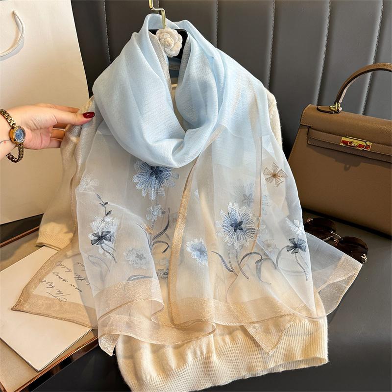 Luxury Silk Shawl Scarf For Women Design Embroidery Flowers Hijab Wraps Bufandas Female Headkerchief Fouloud Echarpe