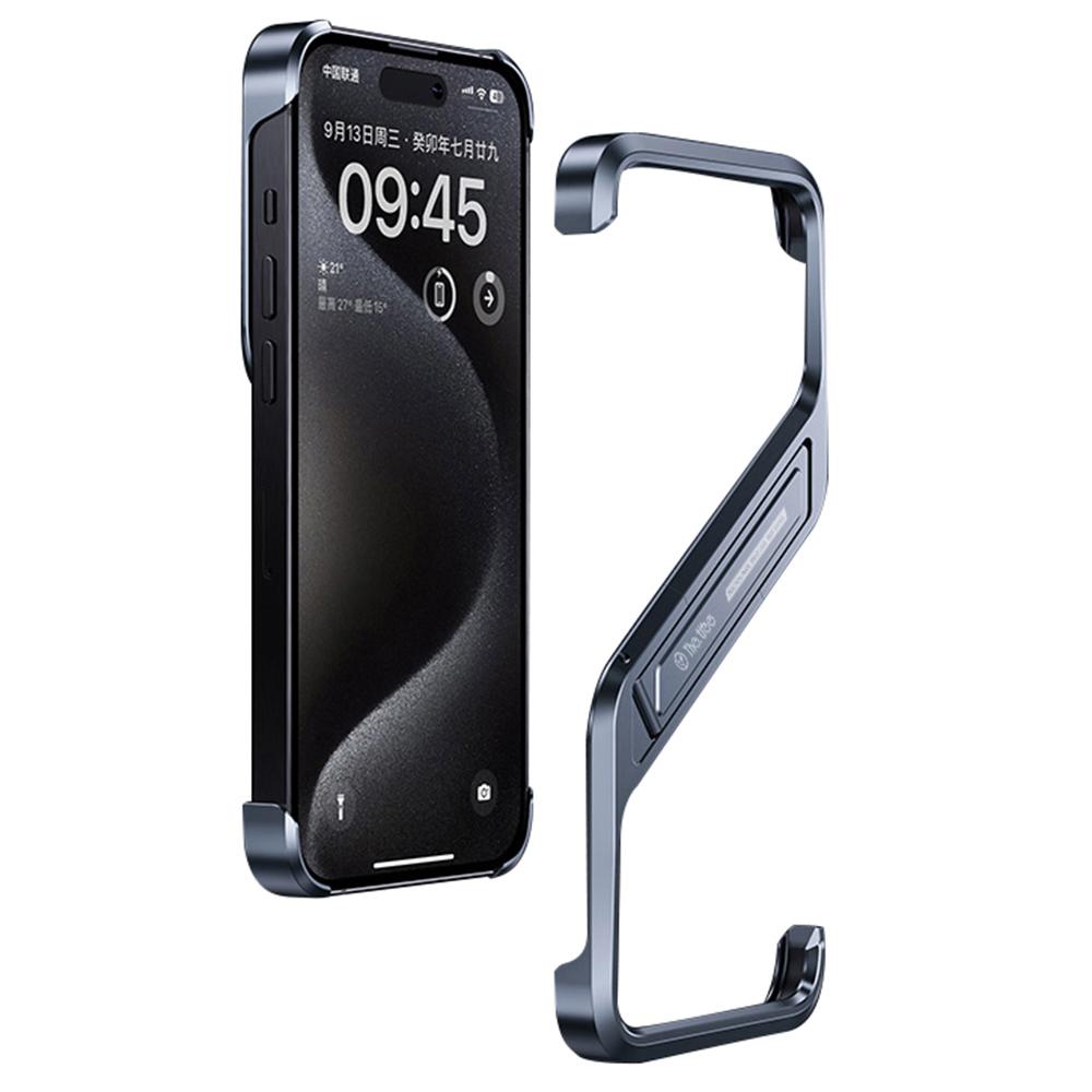 

For iPhone 16 Pro Frameless Case S-Shaped Aluminium Alloy Phone Cover with Kickstand Grey