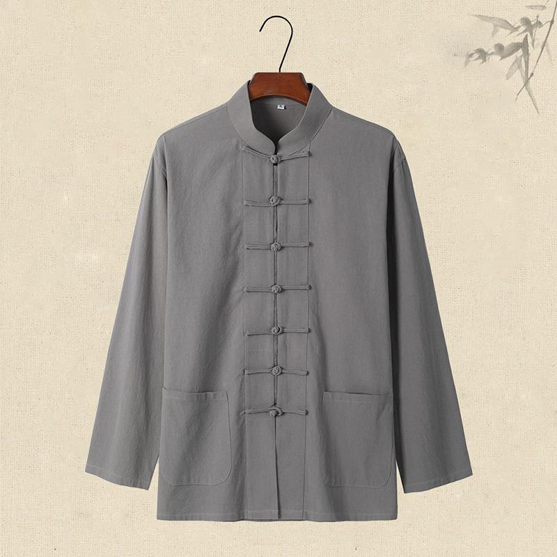 Men's Long Sleeve Frog Button Loose Blouse Oversized Linen Shier Collarless Autumn Spring