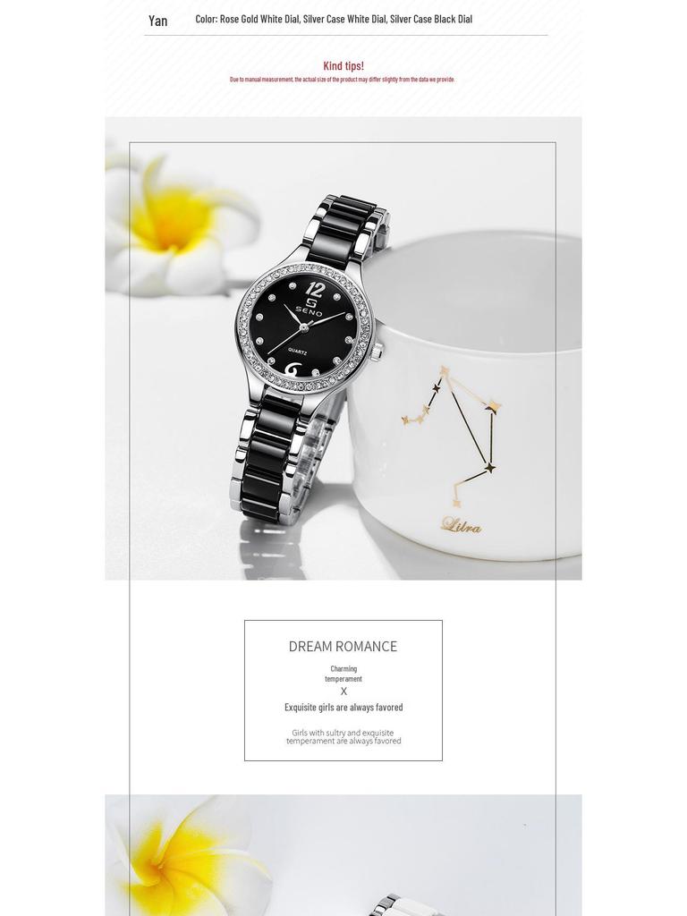 Chenno Keramik Damen Quarzuhr mit Diamanten - Modisch, Wasserdicht