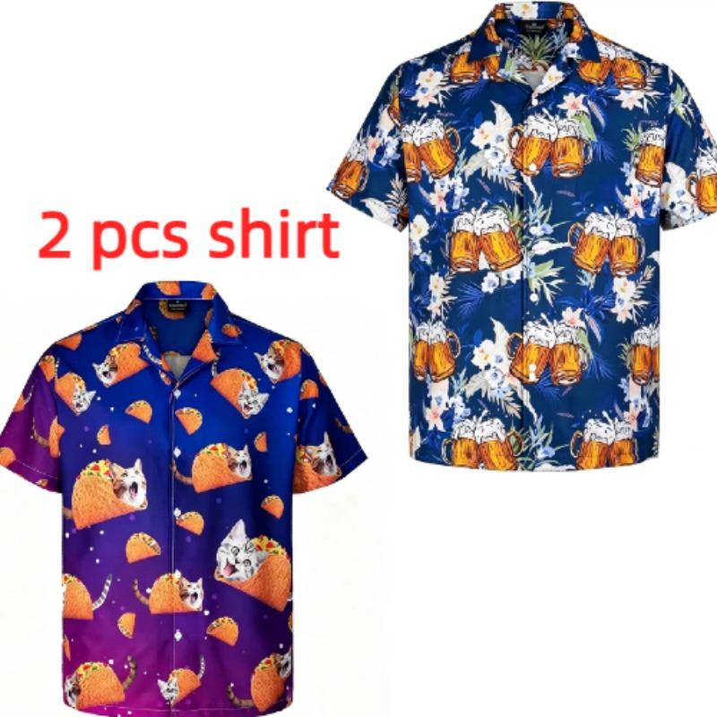 Summer Fashion Beer Hamburger Cat Printing Shirt Hawaiian Beach Vacation Clothing Men's Street Style Shirt Daily Men's and Women's Shirt