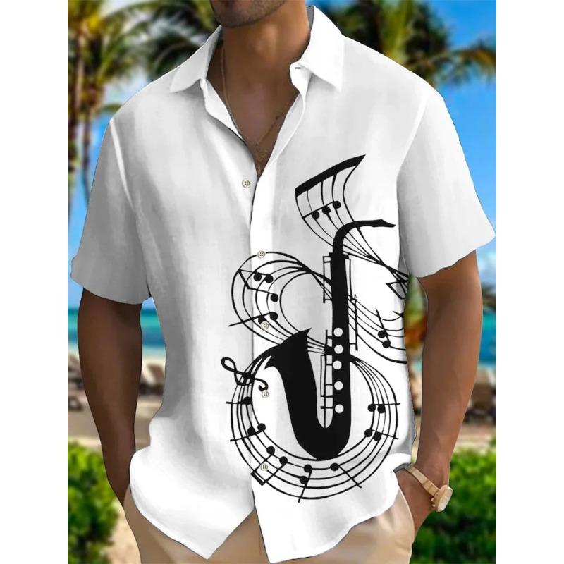 New Beach Men's Short Sleeved Music Print Polo Collar Button Shirt Outdoor Leisure Fashion Street Men's High Quality Top