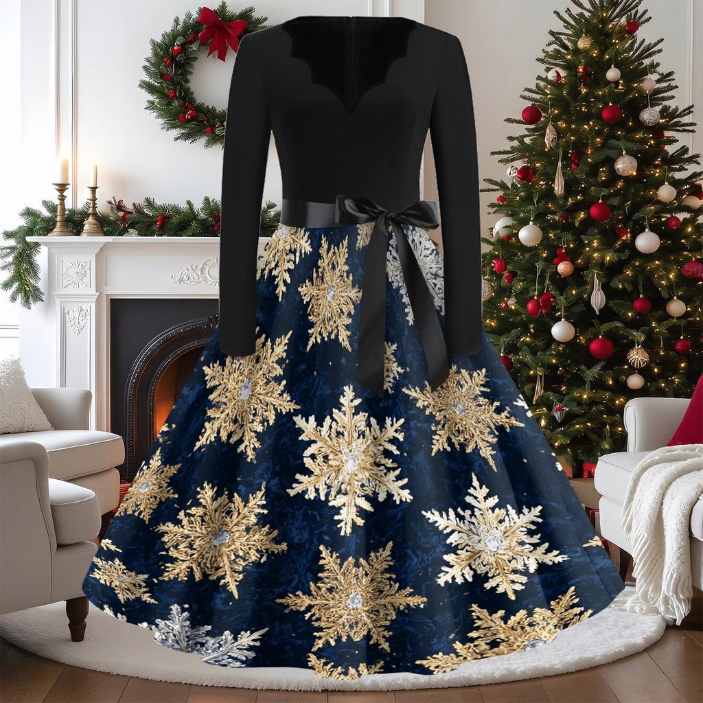 Women's Vintage V-Neck Long Sleeve Christmas Print Casual Dress