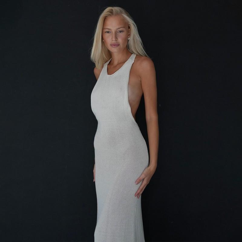Womens Sleeveless Knit High-Waist Bodycon Midi Dress With T-Back Detail 2026 Casual Fit