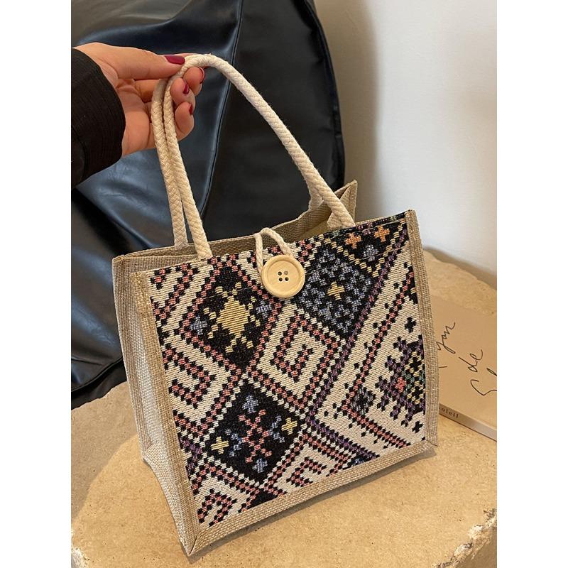 Ethnic Canvas Bag for Women In Summer New Fashion Style for Going Out with Linen Lunch Box Bento Bag Hand-held Mommy Bag