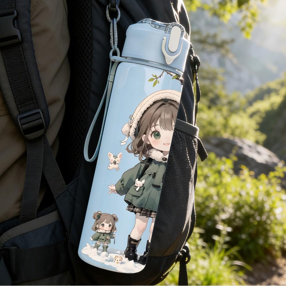 1PC Bonnet Hat Girl Botanical Background Pattern 750ml Color Plastic Sports Water Bottle Leakproof Flip Straw Lid Suitable for Sports Office Home Use