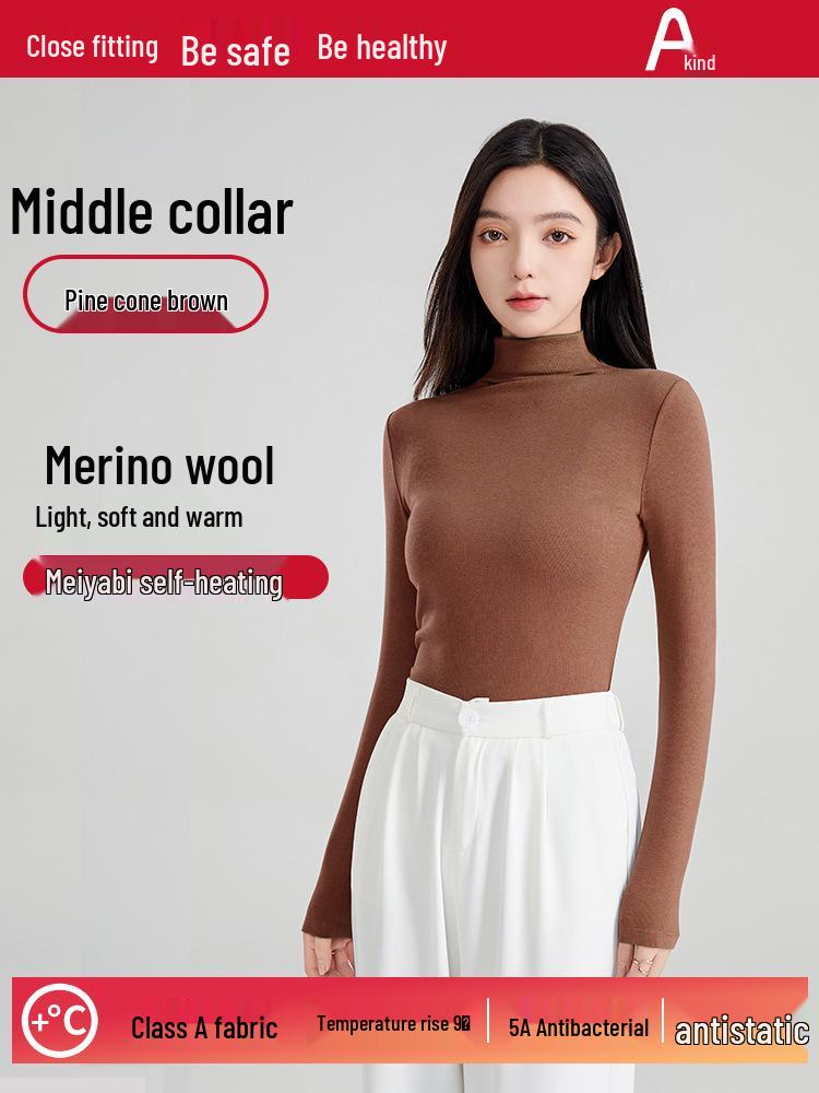 Autumn/Winter Wool Long-Sleeve Velvet Cotton Mid-Neck Women's Fashion Top