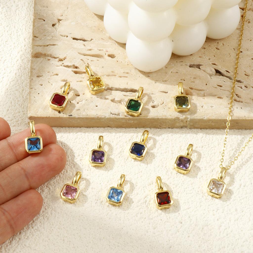 1 Piece Brass & Cubic Zirconia Birthstone Charms 18K Gold Plated Square Pendants For DIY Necklace Jewelry Making 15.5mm x 7.5mm