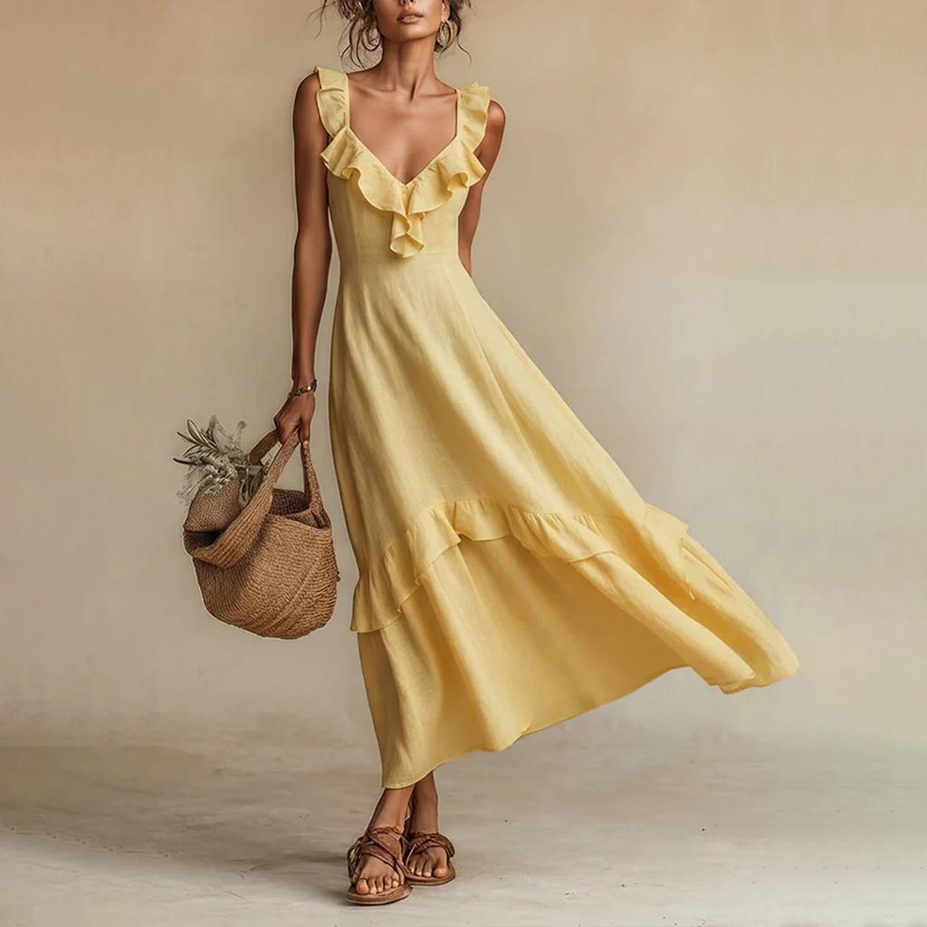 Women's Casual And Fashionable V-neck Lace-edged Flared Sleeve Dress