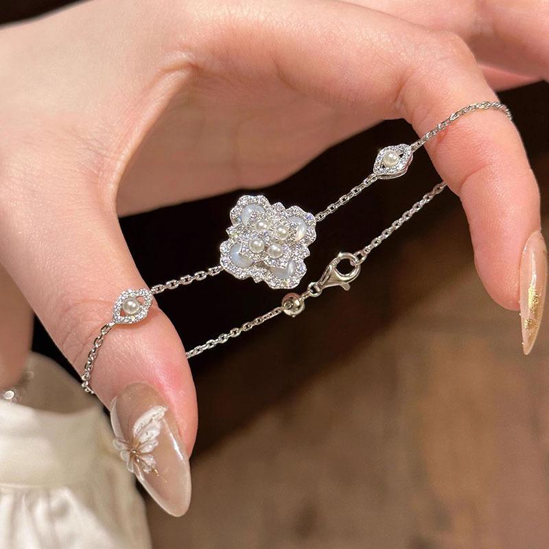 Full Inlay Diamonds Pearl Flower Bracelet Chain Light Luxury Fashion Romantic Stacked Bracelets for Women Engagement Jewelry