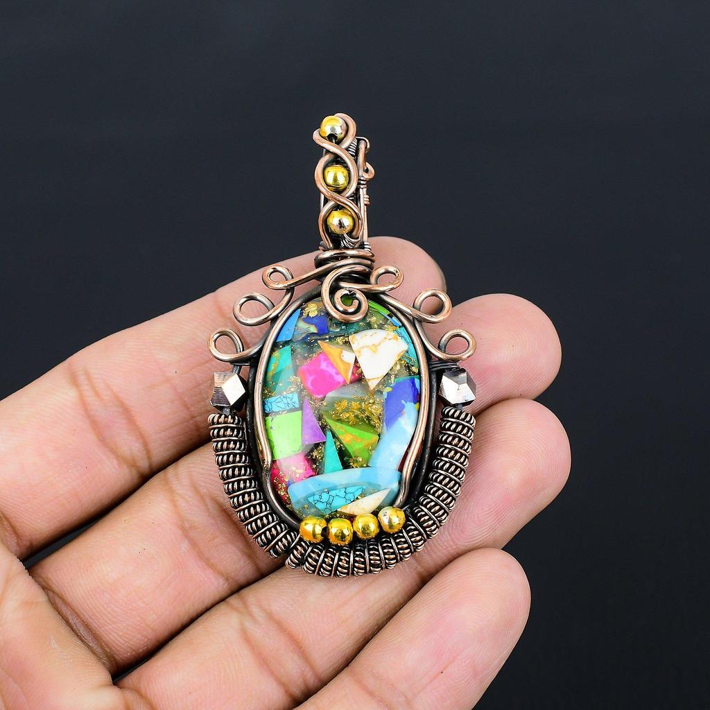 Multi Copper Spiny Oyster Gemstone Pure Copper Wire Wrapped Handmade Pendant Jewelry