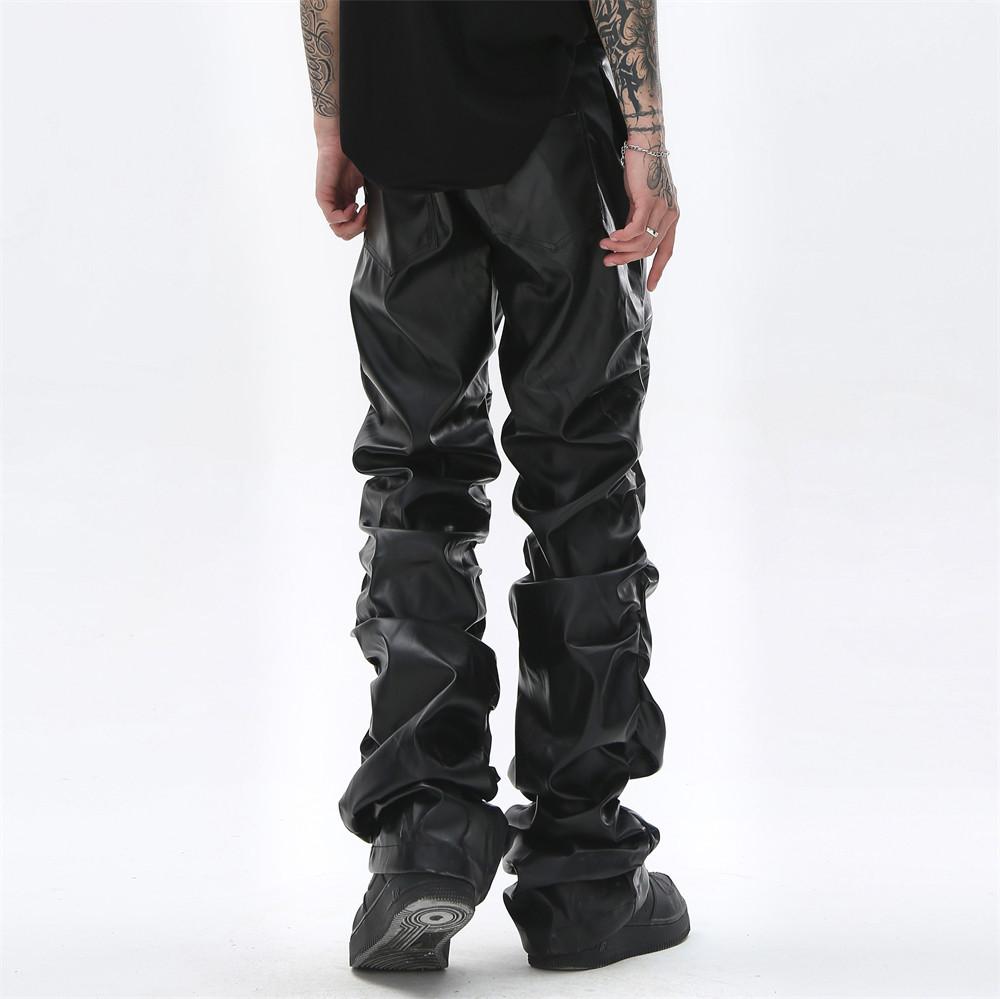 Punk Design Sense Pantaloni din piele PU plisați lucios Moda hip-hop pentru bărbați Pantaloni casual largi Pantaloni din piele