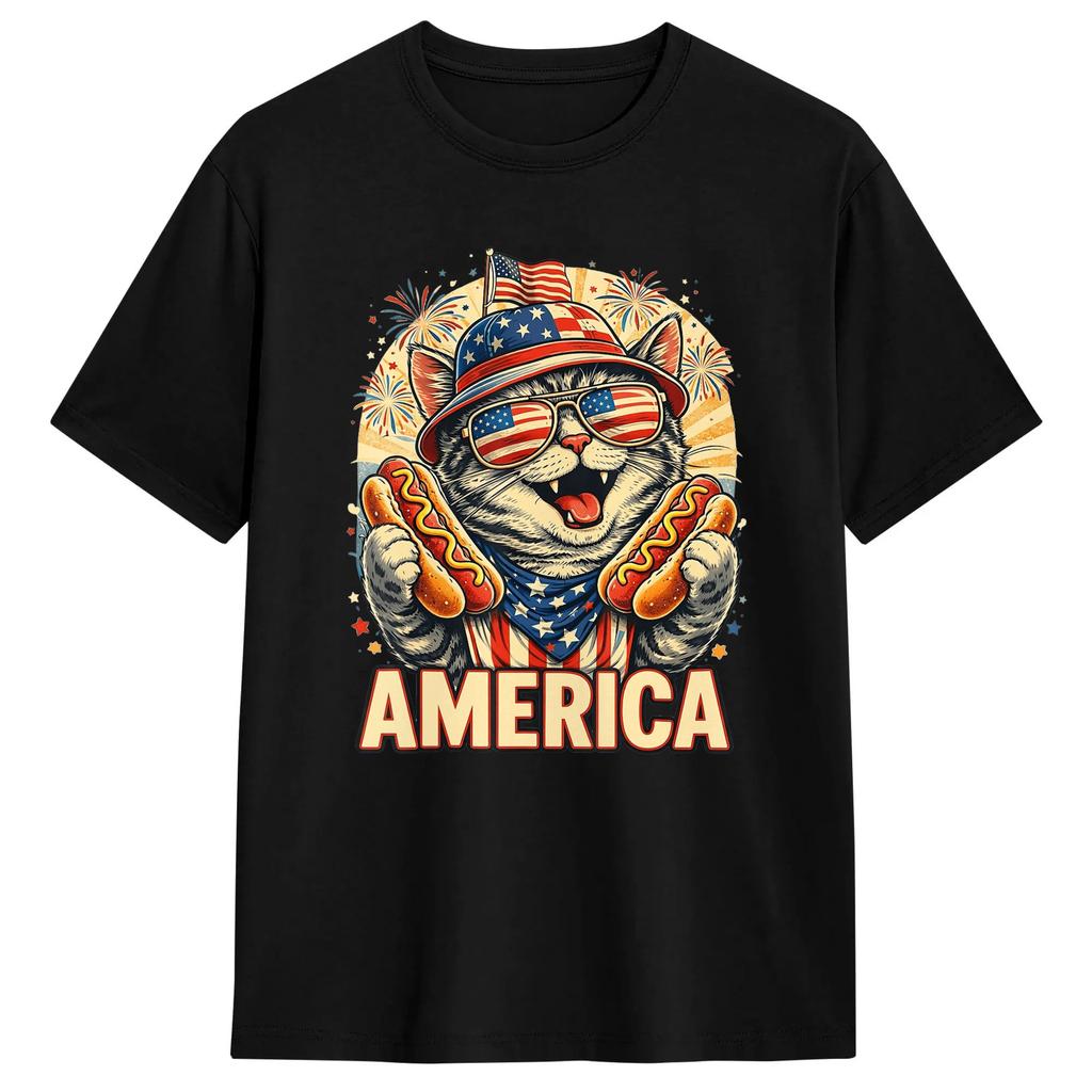 Unisex Retro Funny America Cat Hot Dog Lovers Patriotic US Flag TShirts Cotton Tops Summer Classic ShortSleeve T Shirt ONeck Tee