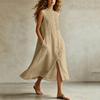 Women's Casual Sleeveless Button Front Color Neck Pocket Dress