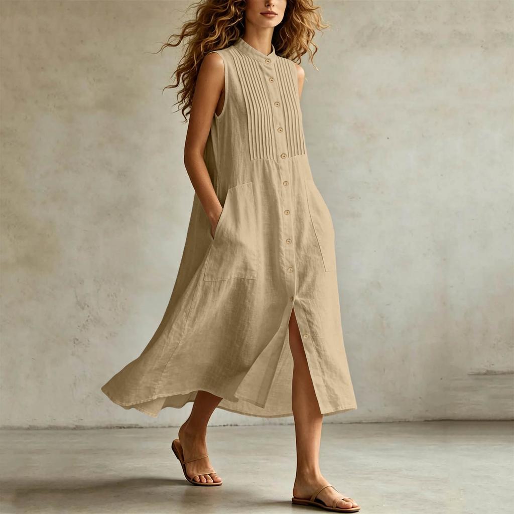 Women's Casual Sleeveless Button Front Color Neck Pocket Dress