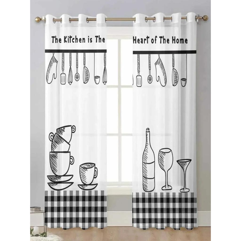 3D 2 Panels Chiffon Sheer Vorhang Küche Vorhang Küchengeschirr Chef Print Voile Tüll Cortinas für Küche Wohnzimmer Fenster Cort