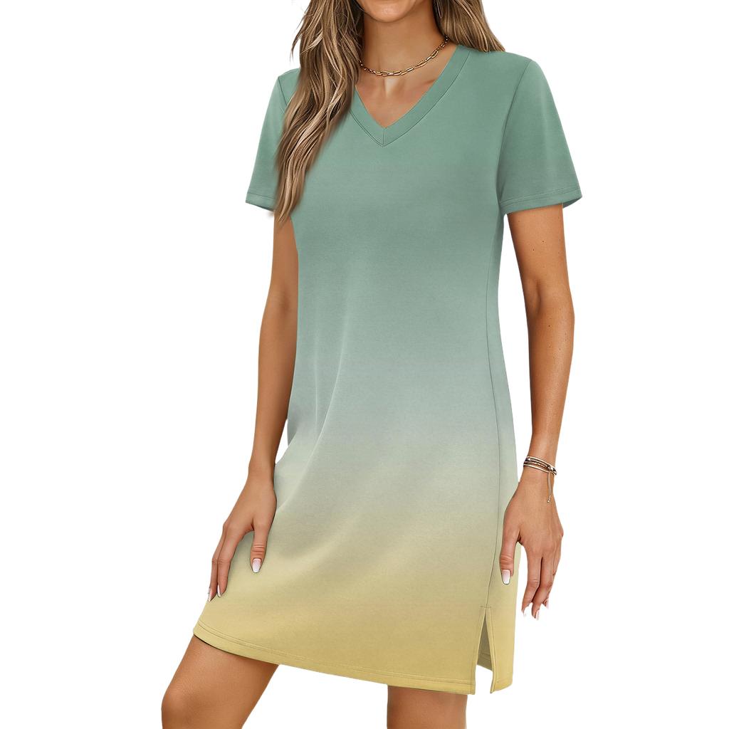Women's Casual V-neck Short Sleeve Split Hem Gradient Dress