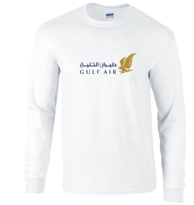 Gulf Air Blue Gold Logo Bahrain Airline White Long Sleeve Cotton T-Shirt 4XL