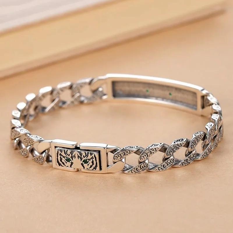 Silver Hip-Hop Stil Tigermönster Kubansk Glansig Grön Zirkon Armband för Män Parstil Kedja Armringar berlock