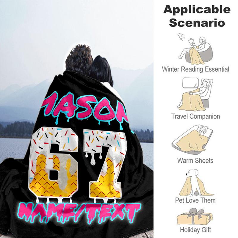 1PC Custom Name Ice Cream Celebration Flannel Blanket Versatile,all-season Throw Suitable for the Living Room,bedroom,camping,travel,and Gift