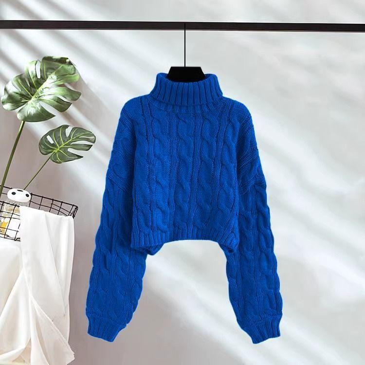 

Пуловер с высоким воротом, короткий свитер с косами для женщин, осень-зима, новый ленивый стиль, свободный, утолщенный, вязаный, для ношения на улице XL синий