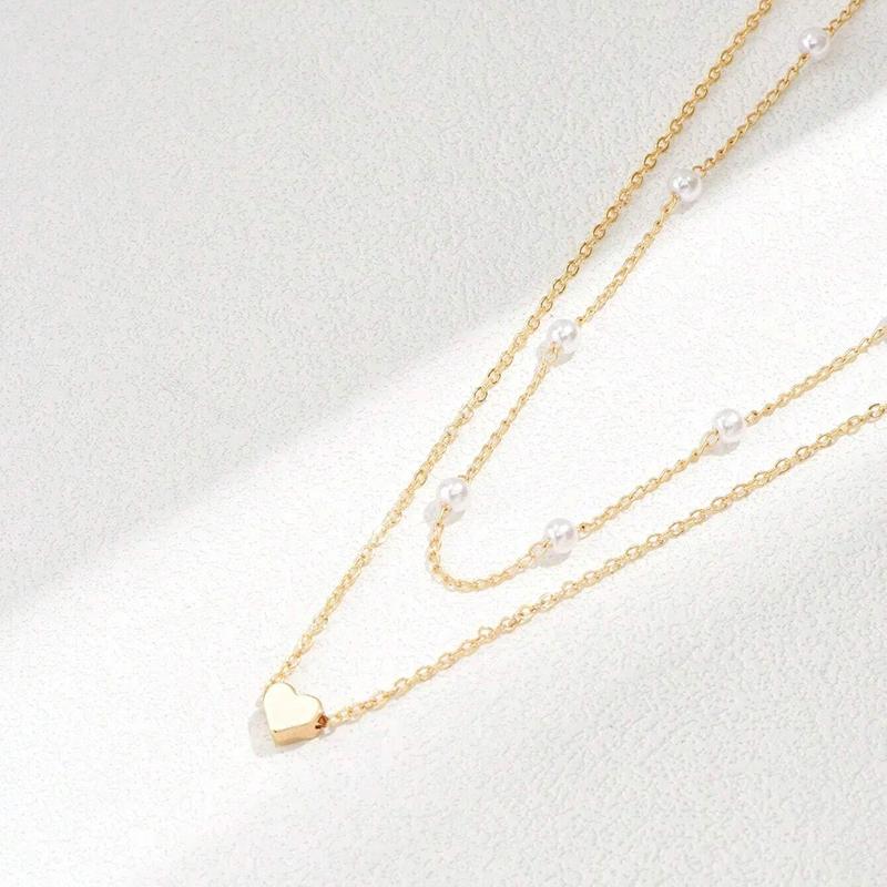 Vintage Pearl Choker Necklaces For Women Fashion Double Layer Chain Small Love Heart Pendant Necklace Jewelry Gift