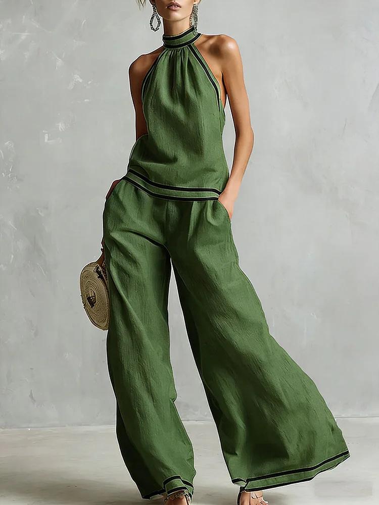 Sleeveless Wide Leg Pants Set Women Summer European Style Striped Color Block Two Piece Casual Vacation